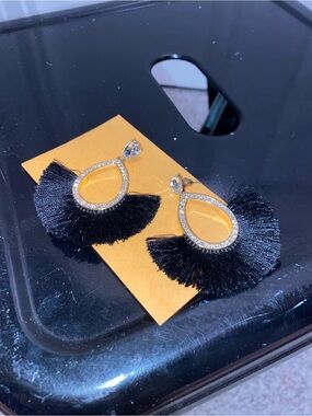 Gold Sparkle with Black Fringe Fan Dangle Earrings
